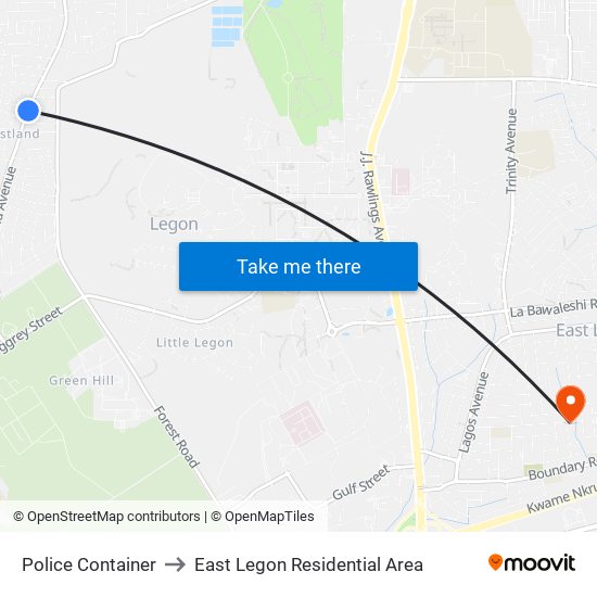 Police Container to East Legon Residential Area map