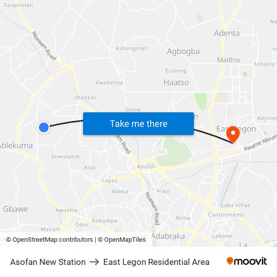 Asofan New Station to East Legon Residential Area map
