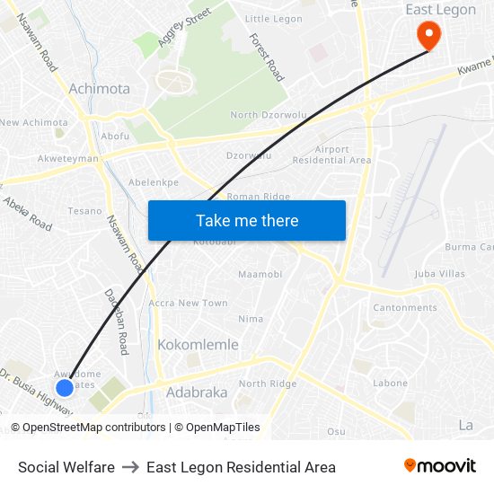 Social Welfare to East Legon Residential Area map