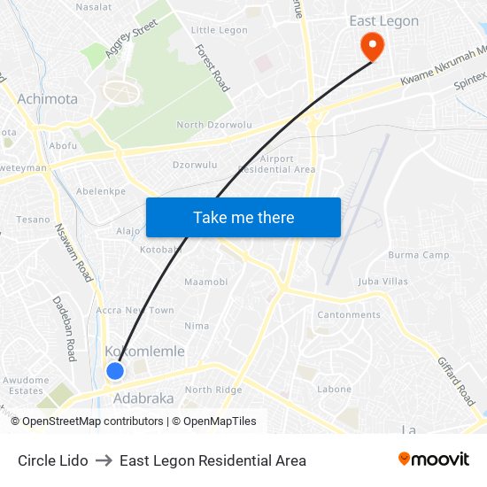 Circle Lido to East Legon Residential Area map