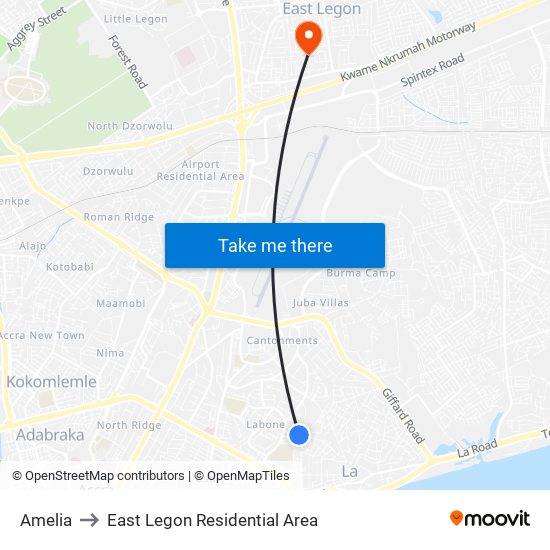 Amelia to East Legon Residential Area map