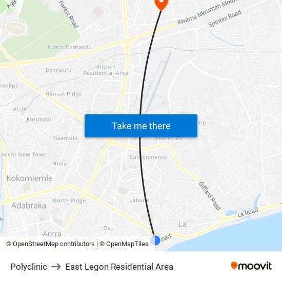 Polyclinic to East Legon Residential Area map