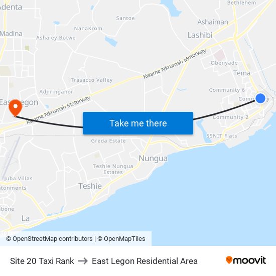 Site 20 Taxi Rank to East Legon Residential Area map