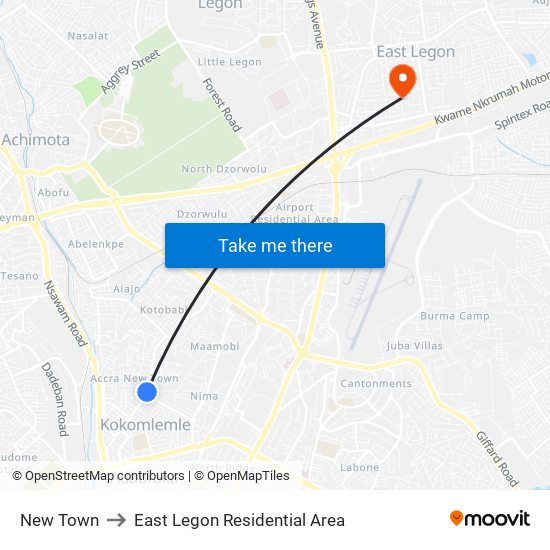 New Town to East Legon Residential Area map