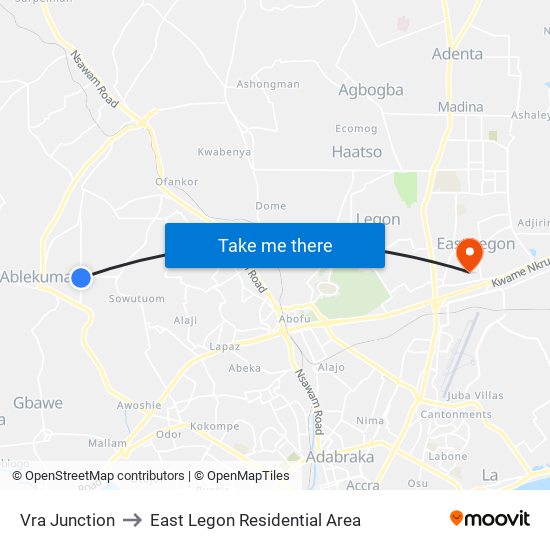 Vra Junction to East Legon Residential Area map