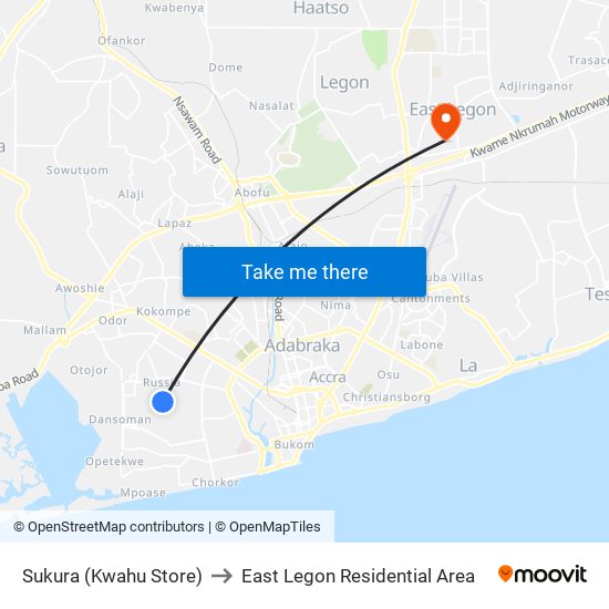 Sukura (Kwahu Store) to East Legon Residential Area map