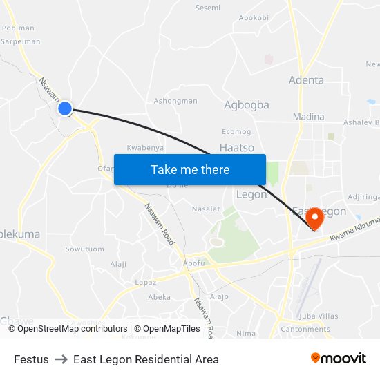 Festus to East Legon Residential Area map