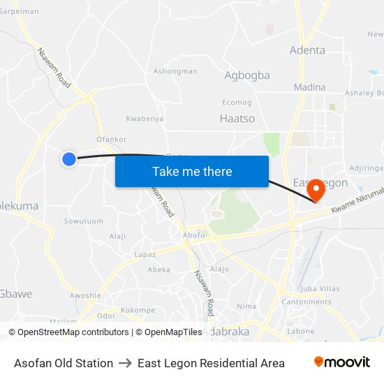 Asofan Old Station to East Legon Residential Area map