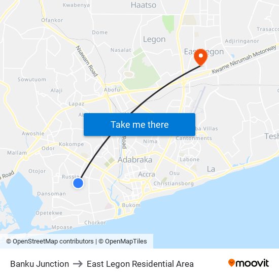 Banku Junction to East Legon Residential Area map