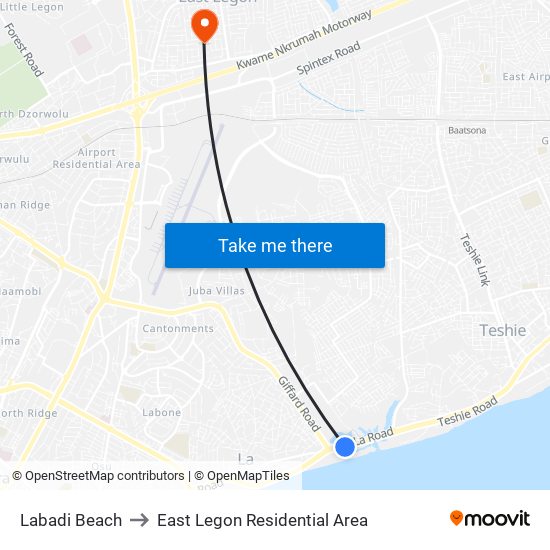 Labadi Beach to East Legon Residential Area map