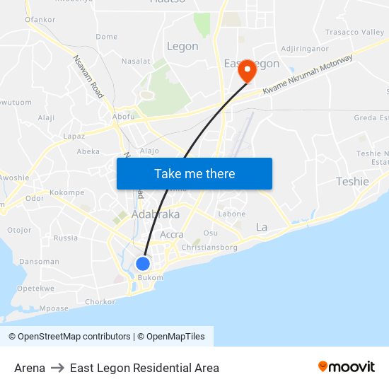 Arena to East Legon Residential Area map