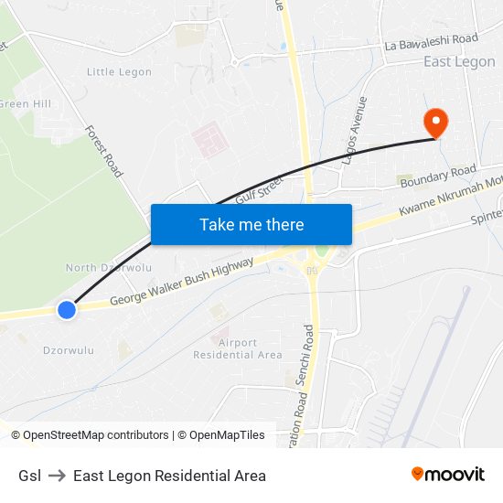 Gsl to East Legon Residential Area map