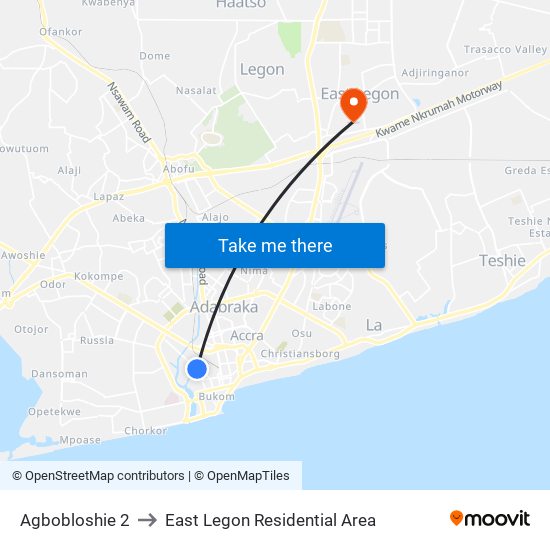 Agbobloshie 2 to East Legon Residential Area map