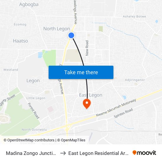 Madina Zongo Junction to East Legon Residential Area map