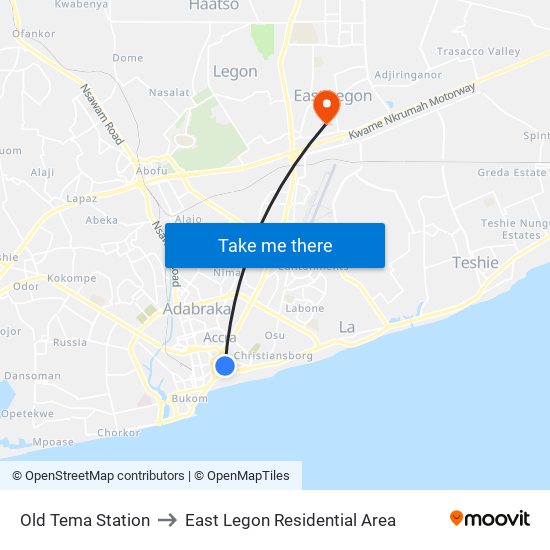 Old Tema Station to East Legon Residential Area map