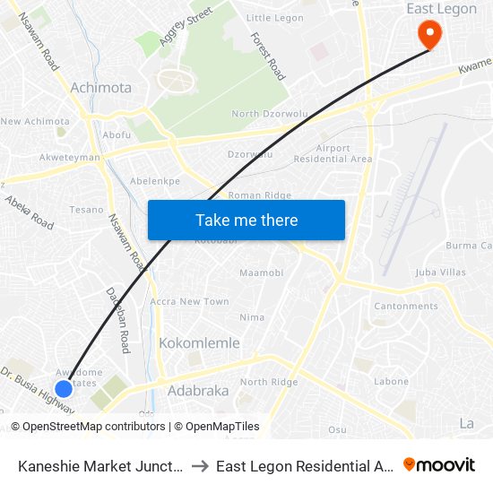 Kaneshie Market Junction to East Legon Residential Area map