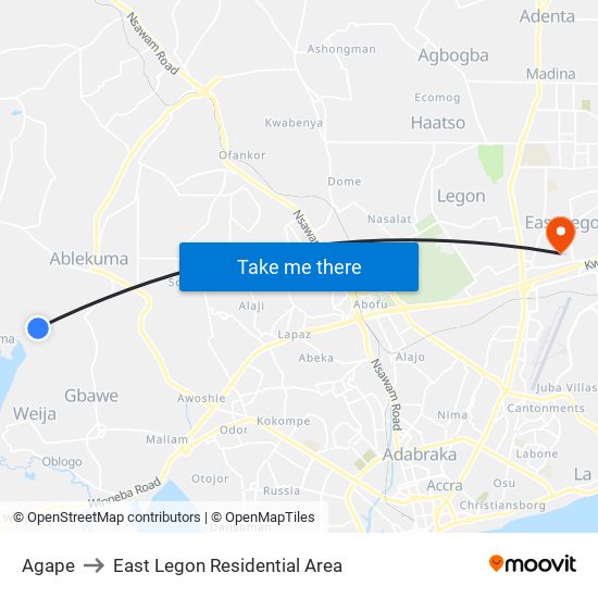 Agape to East Legon Residential Area map