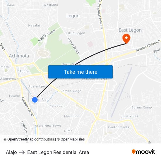 Alajo to East Legon Residential Area map