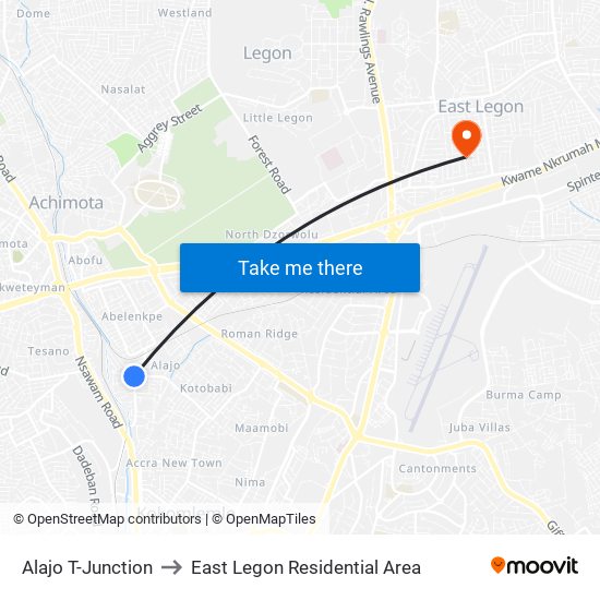 Alajo T-Junction to East Legon Residential Area map