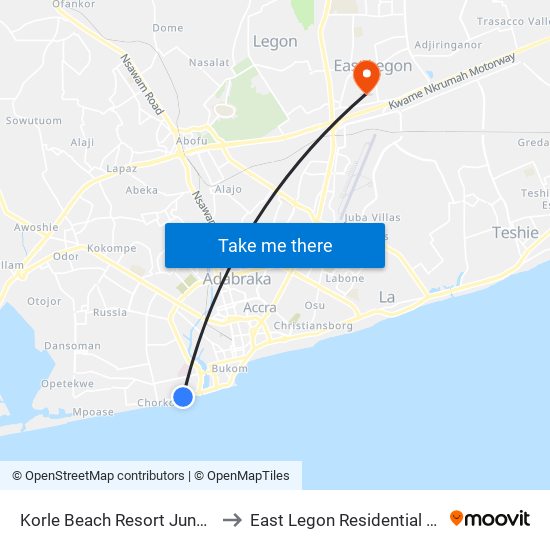 Korle Beach Resort Junction to East Legon Residential Area map