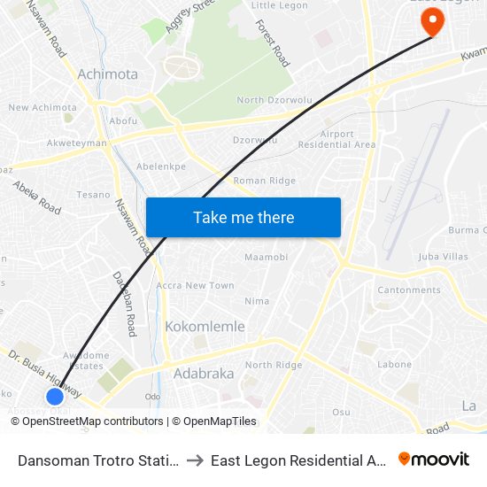 Dansoman Trotro Station to East Legon Residential Area map