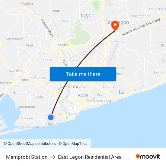 Mamprobi Station to East Legon Residential Area map