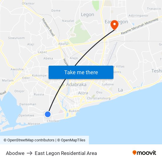 Abodwe to East Legon Residential Area map