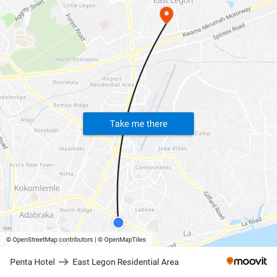 Penta Hotel to East Legon Residential Area map