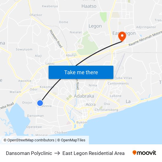 Dansoman Polyclinic to East Legon Residential Area map
