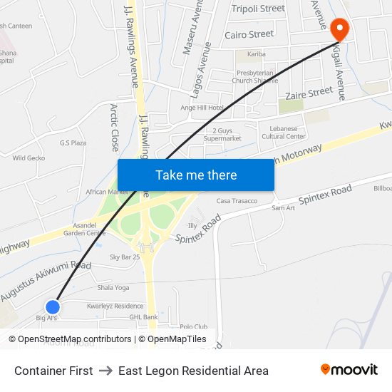 Container First to East Legon Residential Area map