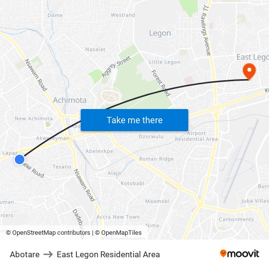 Abotare to East Legon Residential Area map