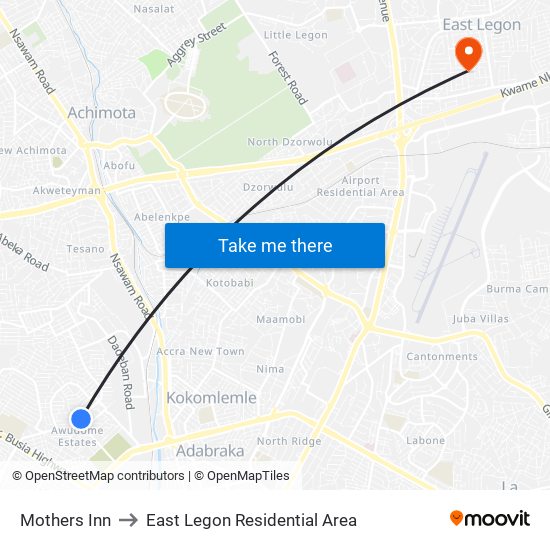 Mothers Inn to East Legon Residential Area map
