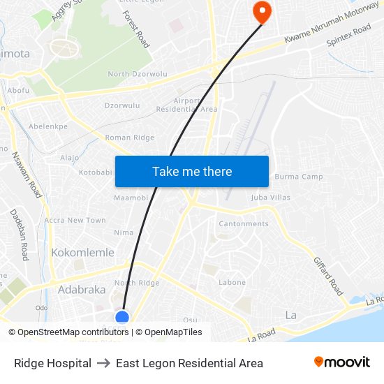 Ridge Hospital to East Legon Residential Area map