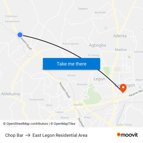 Chop Bar to East Legon Residential Area map