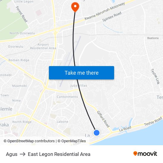 Agus to East Legon Residential Area map
