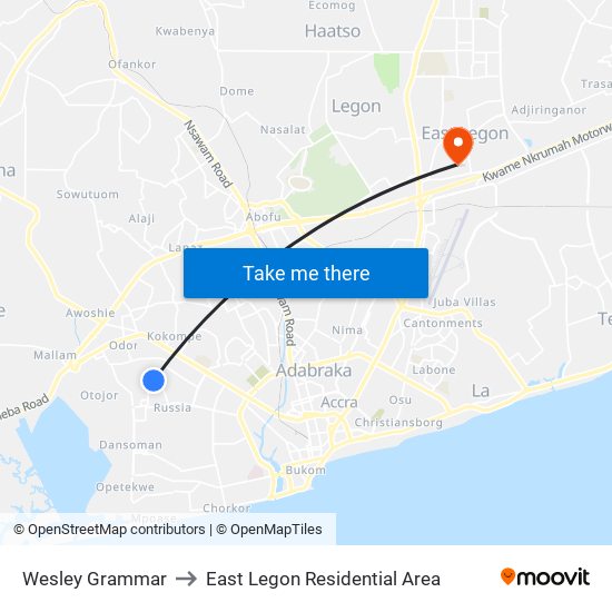 Wesley Grammar to East Legon Residential Area map