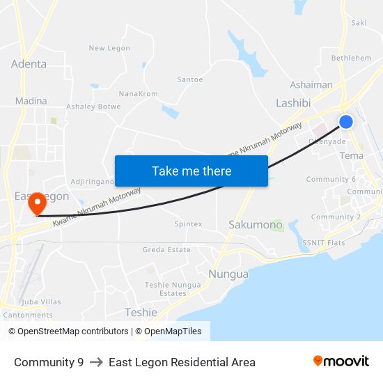 Community 9 to East Legon Residential Area map