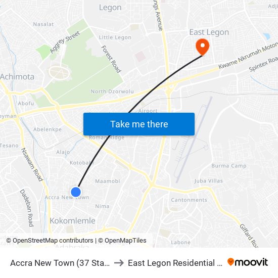 Accra New Town (37 Station) to East Legon Residential Area map