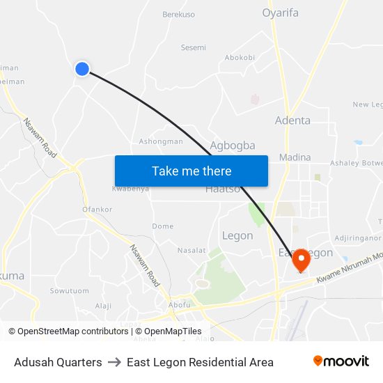 Adusah Quarters to East Legon Residential Area map