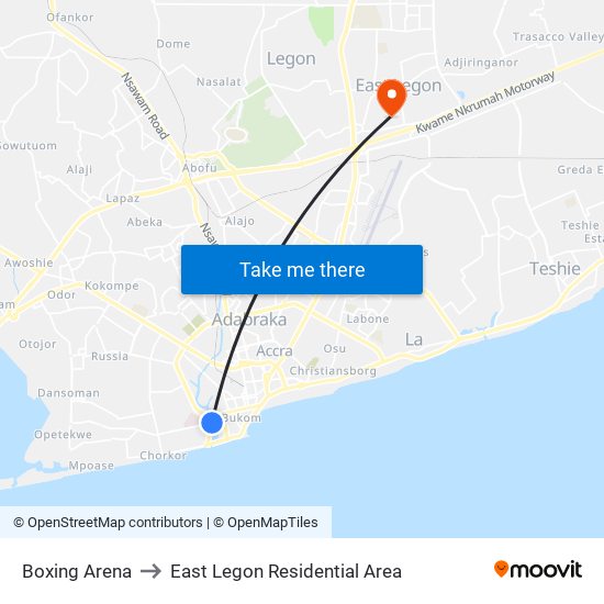 Boxing Arena to East Legon Residential Area map