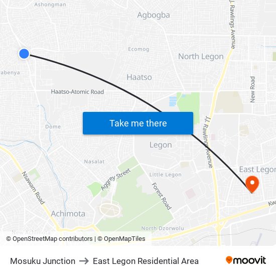 Mosuku Junction to East Legon Residential Area map