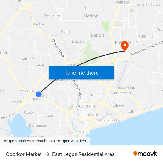 Odorkor Market to East Legon Residential Area map