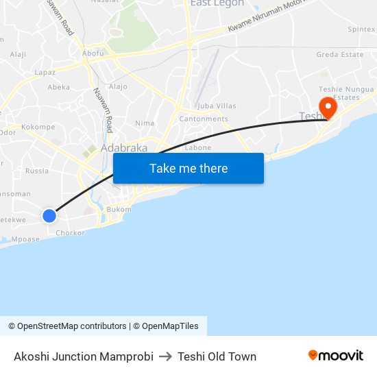 Akoshi Junction Mamprobi to Teshi Old Town map
