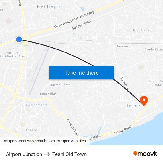 Airport Junction to Teshi Old Town map