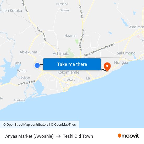 Anyaa Market (Awoshie) to Teshi Old Town map