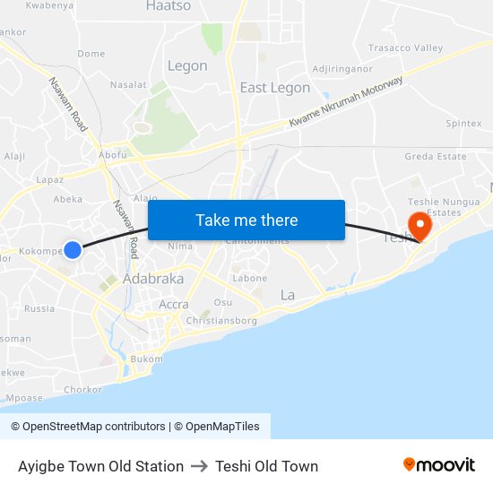 Ayigbe Town Old Station to Teshi Old Town map