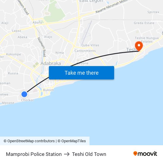 Mamprobi Police Station to Teshi Old Town map