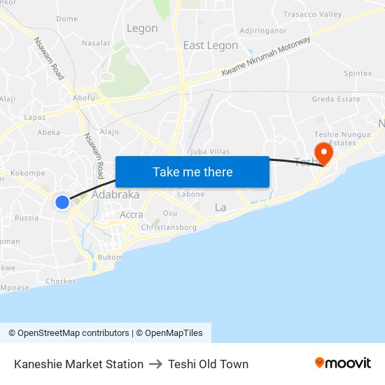 Kaneshie Market Station to Teshi Old Town map
