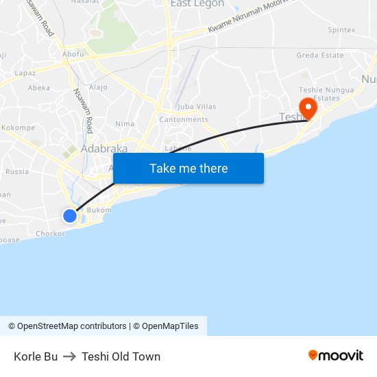Korle Bu to Teshi Old Town map