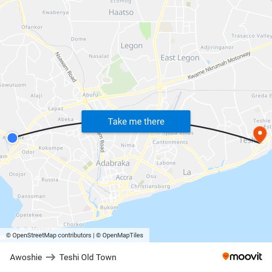 Awoshie to Teshi Old Town map
